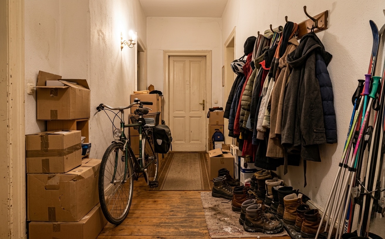 Cluttered apartment hallway